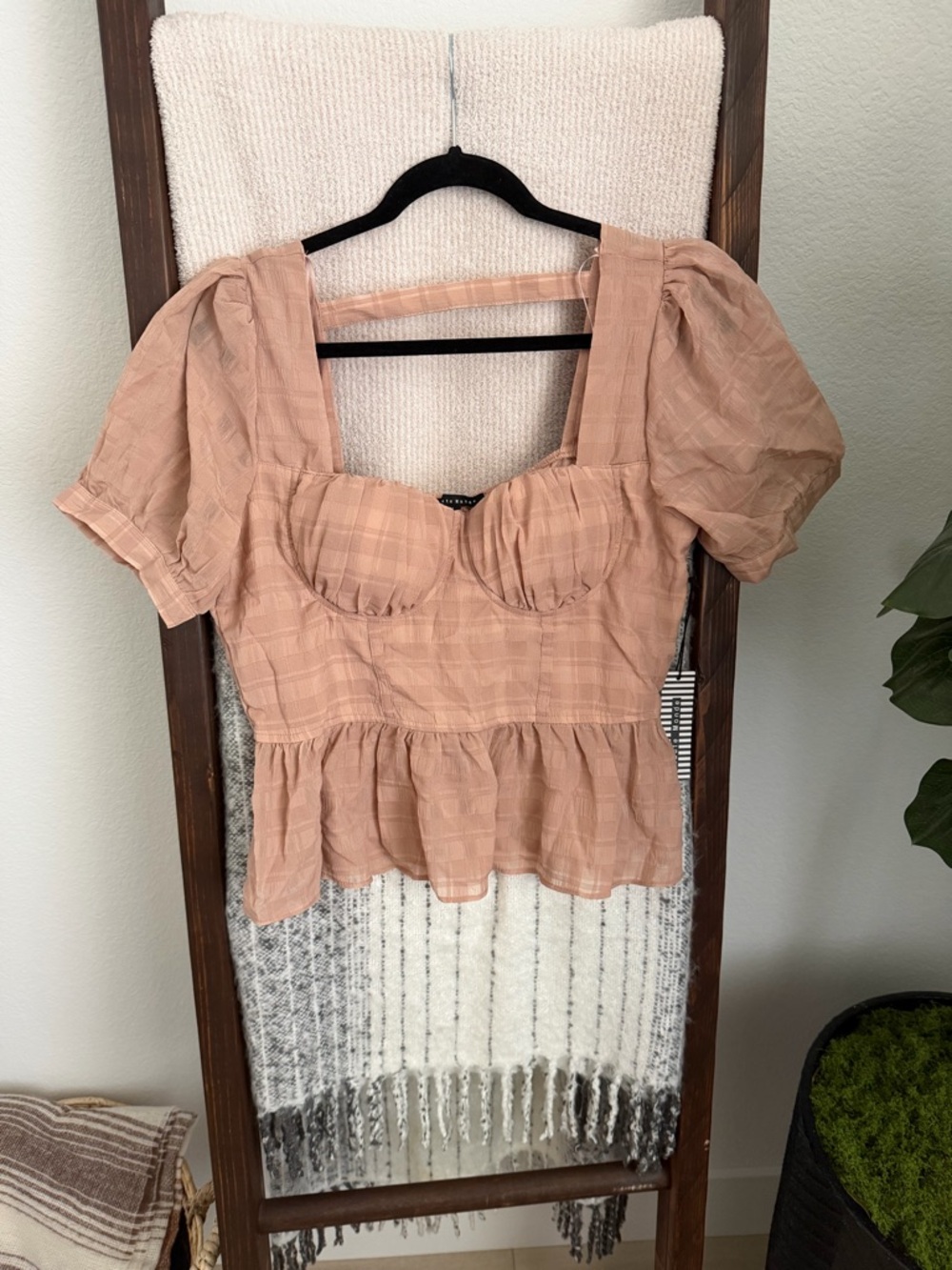 Peplum Puff-Sleeve Square Neck Top - Dusty Rose
